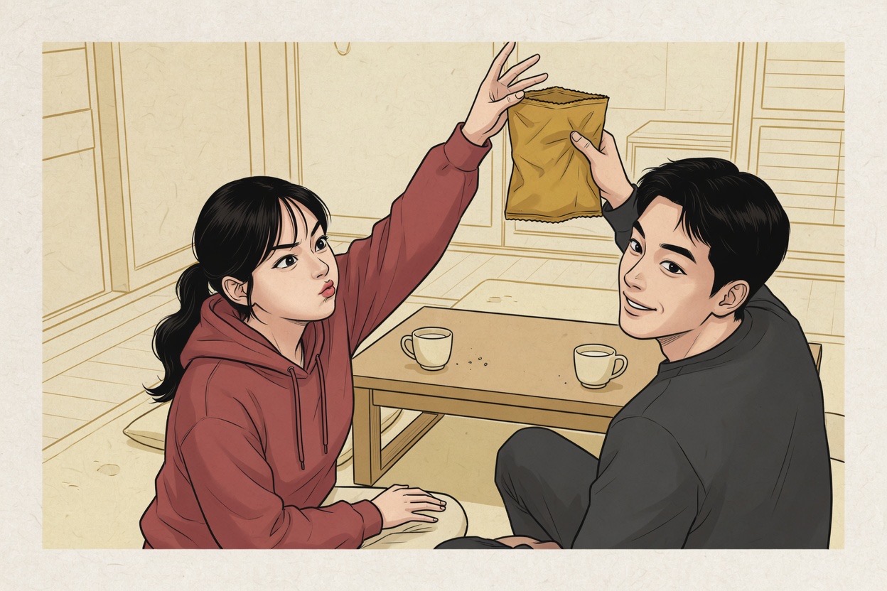 A young Korean woman in her twenties pouts playfully at her partner, who holds a snack just out of reach