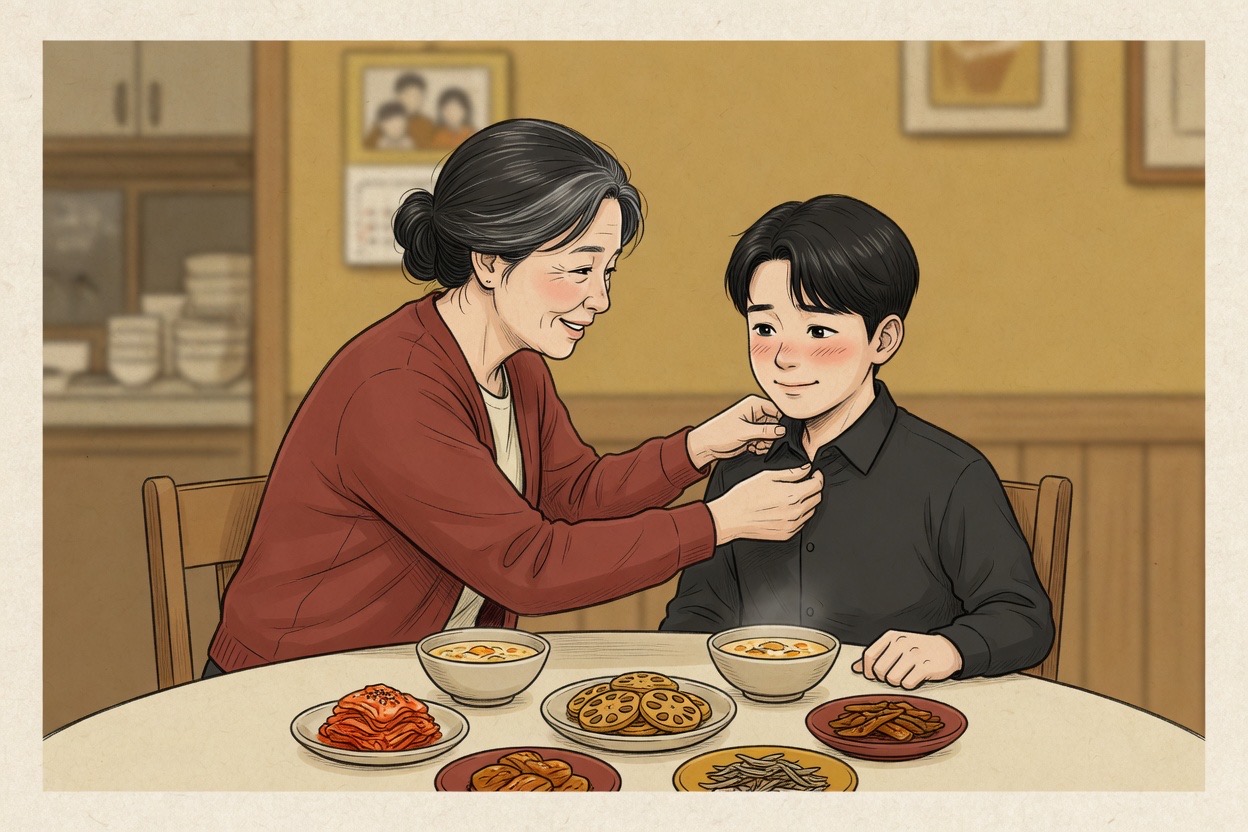A Korean mother in her fifties straightens the collar of her grown son in his late twenties at the dinner table