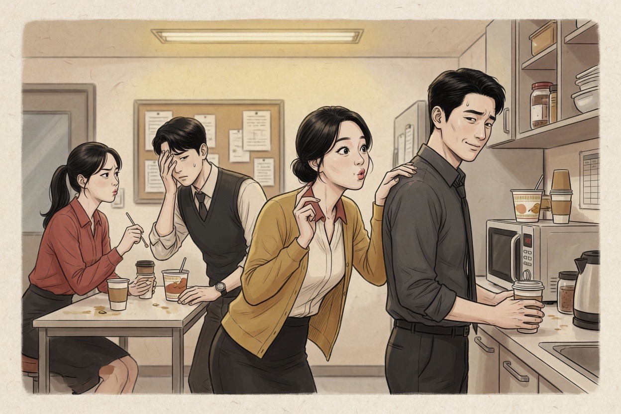 In a Korean office break room, a colleague in her thirties uses baby-talk body language on a peer while two coworkers exchange an awkward glance