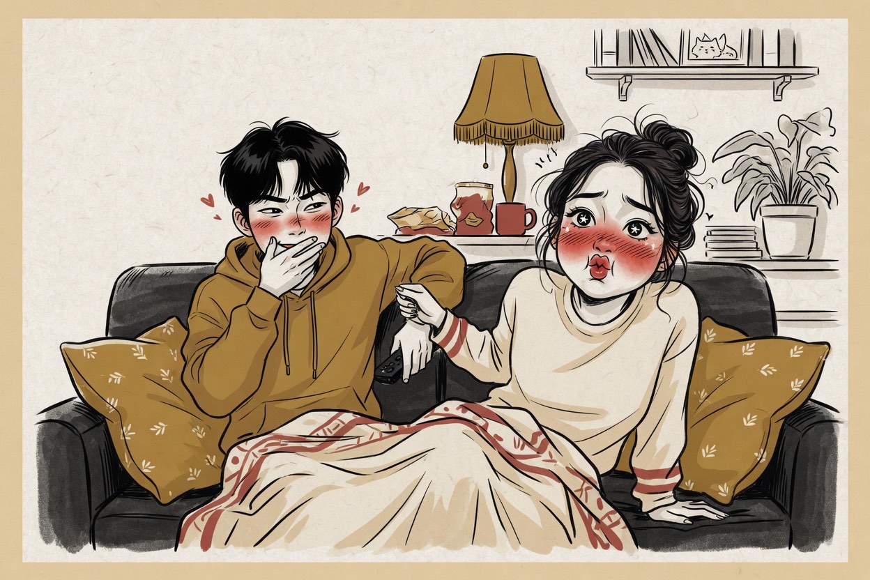 On a sofa, one young adult leans in with an exaggerated pleading pout while their partner tries and fails to keep a straight face