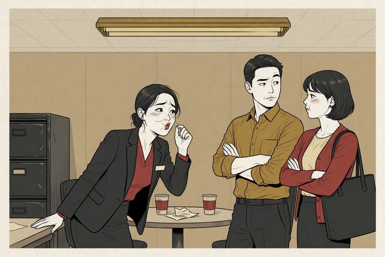 In a stiff office break room, one coworker tries a cute voice to soften a request while two colleagues exchange an awkward, unimpressed glance