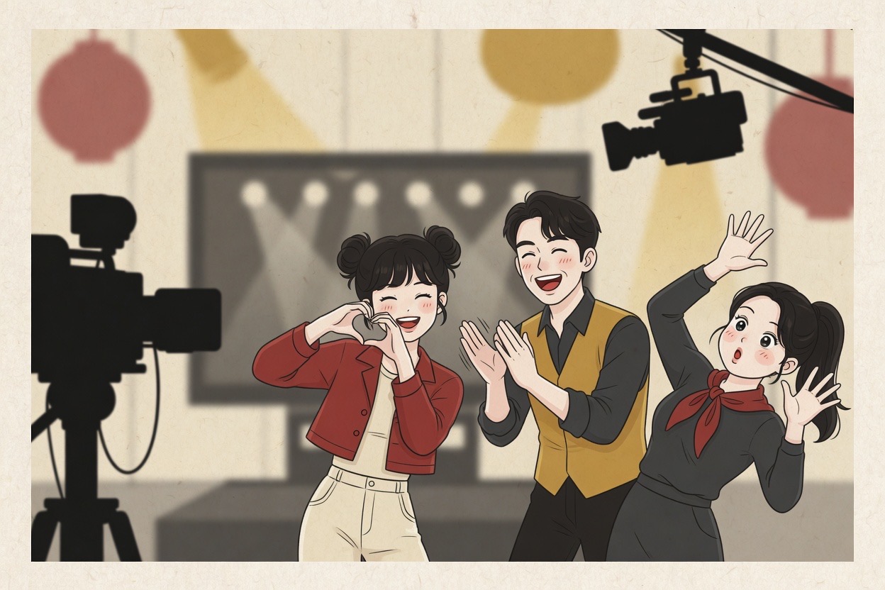 On a bright TV variety-show set, a performer does a cute hand gesture on cue while two cast members react with mock horror and delight