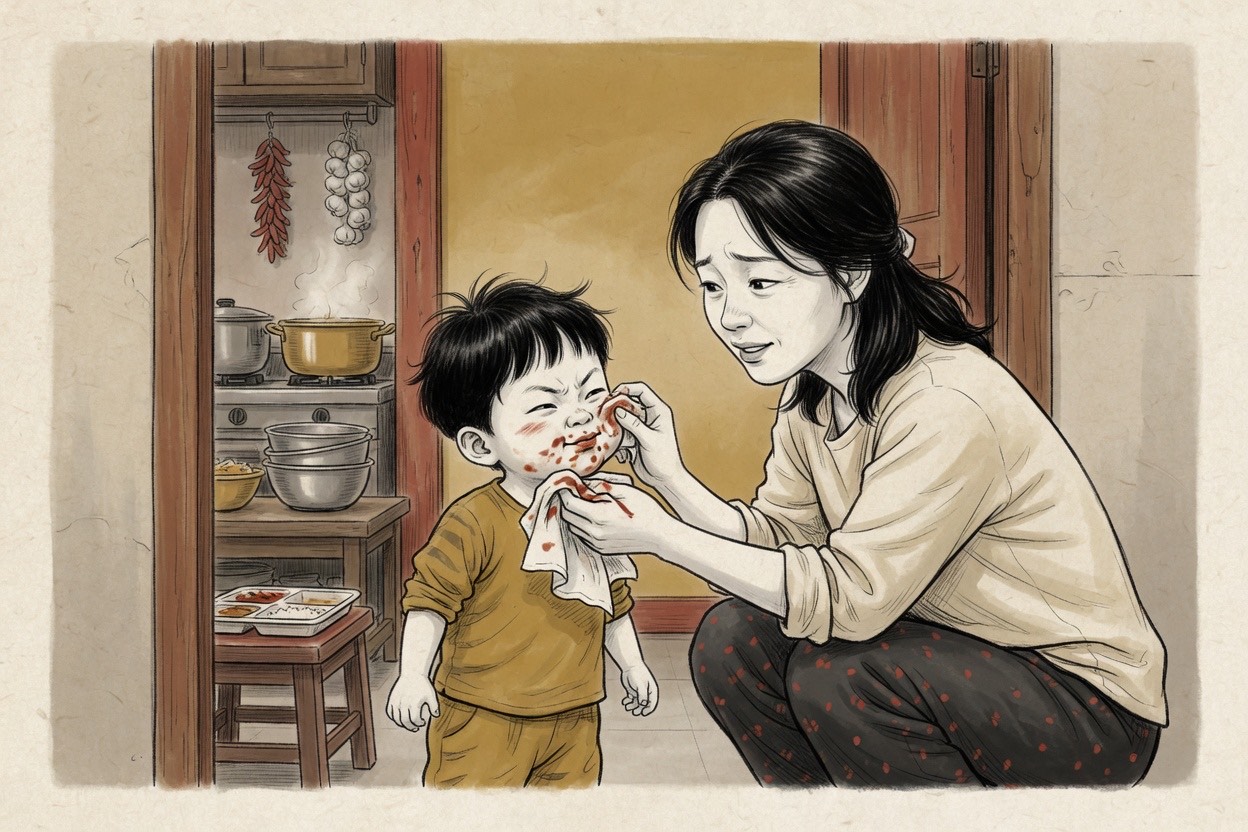 A Korean mother in her thirties crouches to wipe a small child’s face, both mid-expression