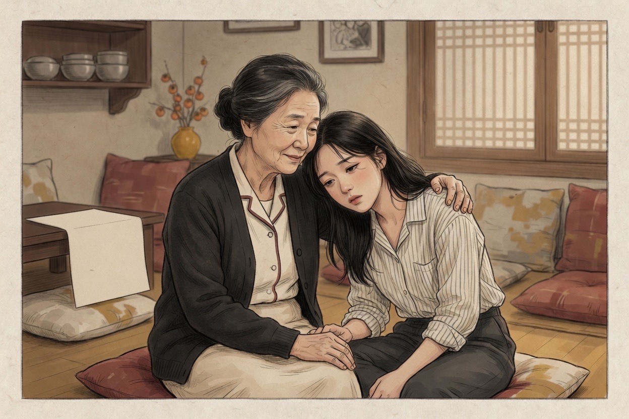 A Korean grandmother in her seventies pats the back of her worn-out adult granddaughter in her twenties