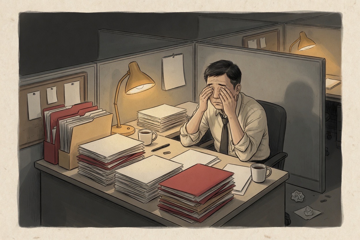 A Korean office worker in his forties rubs his eyes at a desk piled with paper