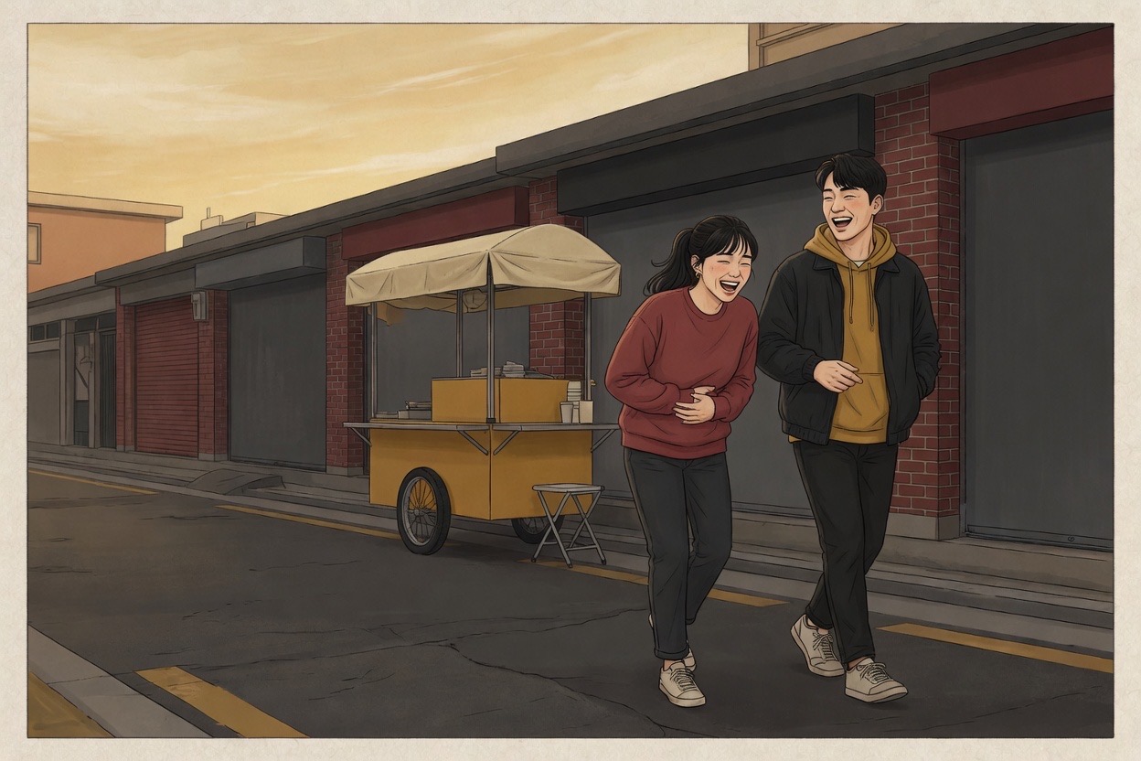 Two Korean friends in their twenties on a city street laughing loudly, completely relaxed with each other