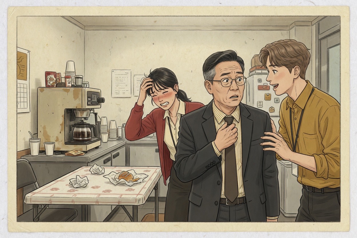 In a Korean office break room, a young foreigner speaks casually to a startled senior colleague in his fifties while a peer beside them winces