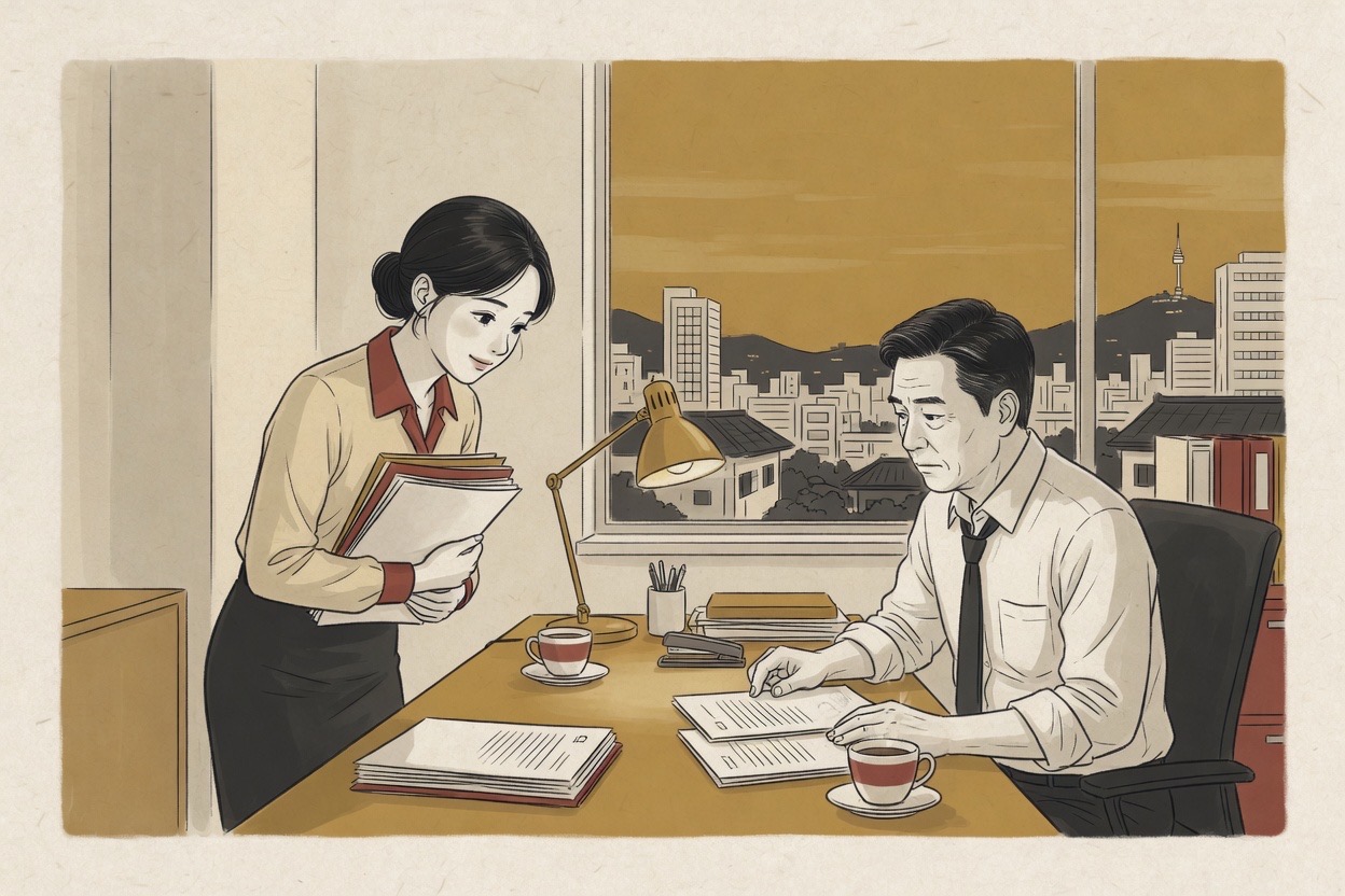 In a Korean office, a junior woman in her twenties speaks carefully across a desk to a senior man in his fifties