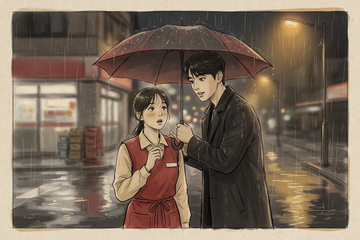 A young man in a tailored coat offers his umbrella to a woman in a convenience-store uniform in the rain, played as a straight romantic moment