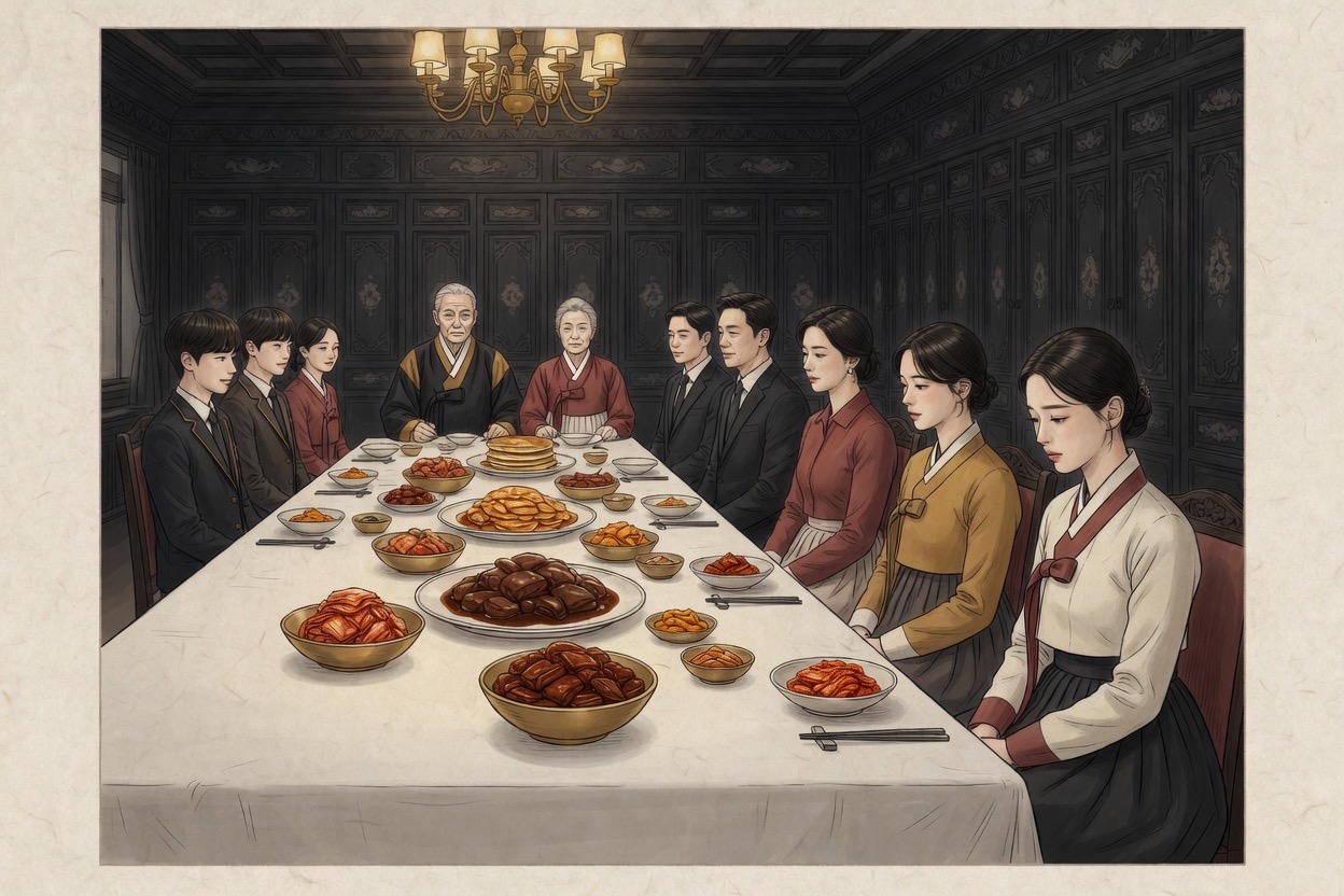 Three generations seated by rank at a formal family dinner in an enormous dining room, the youngest adult waiting to be addressed first