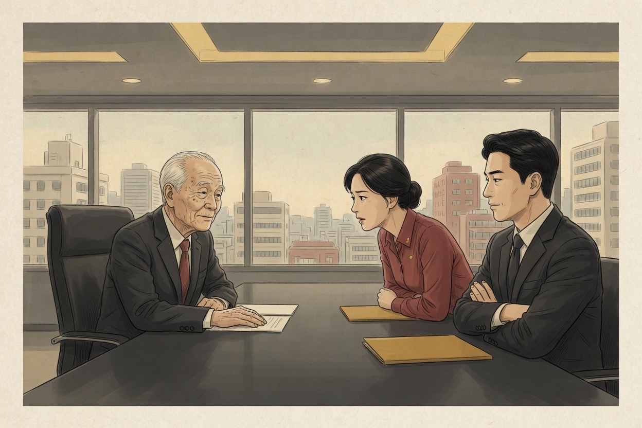 An elderly founder sits at the head of a long boardroom table while adult children occupy the nearest seats in a tense, polite silence