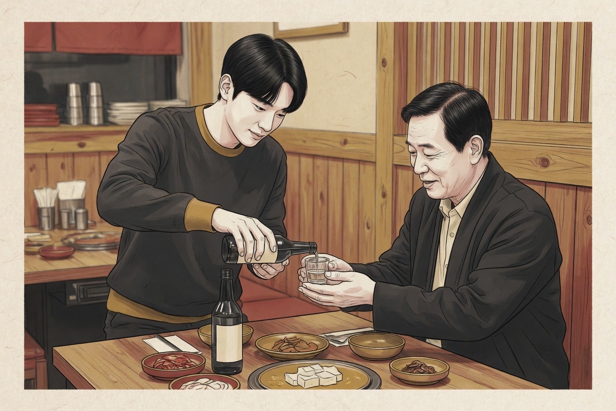 A young Korean man in his twenties pours soju with both hands for an older man in his fifties who receives the glass with two hands