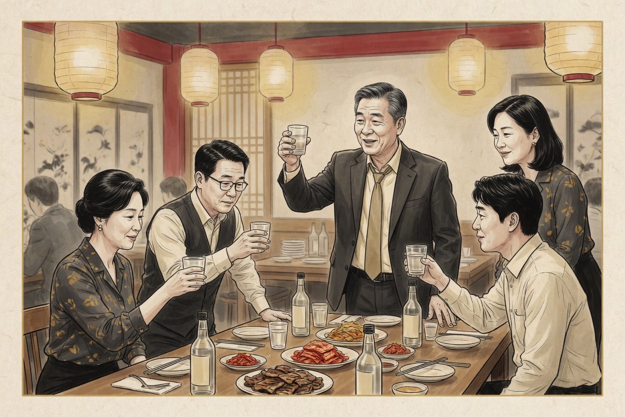 At a Korean company dinner, a manager in his fifties stands with a raised glass while colleagues in their thirties and forties half-rise from their seats