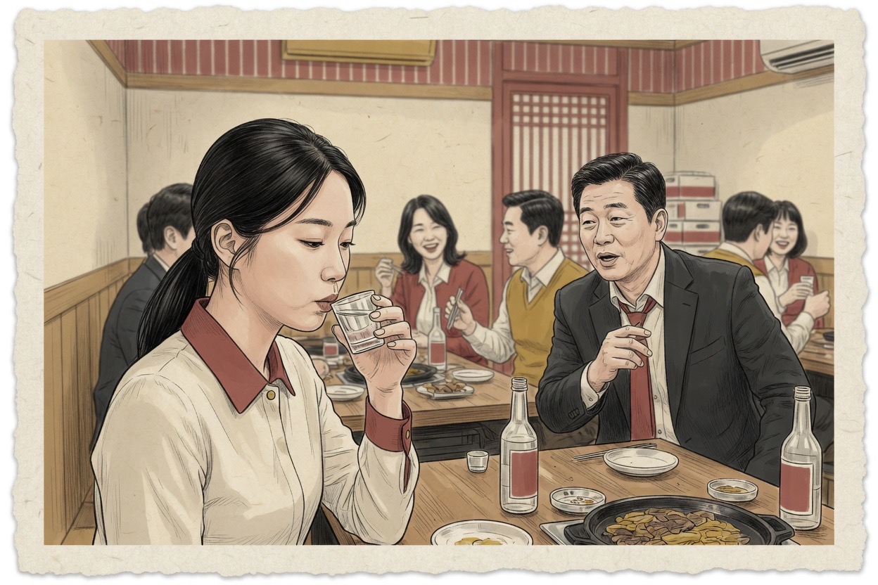 A young Korean woman in her twenties turns her head aside to sip while an older male colleague in his fifties continues talking across the table