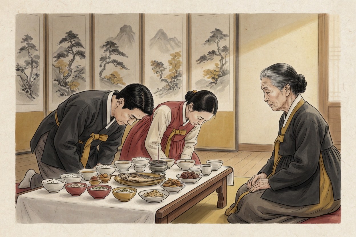 A formal Korean ancestral rite table with neatly arranged holiday dishes and a folding screen; two adults bow deeply while an older relative watches from the side