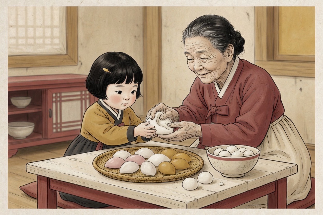 Close view of several pairs of Korean hands shaping small half-moon rice cakes at a kitchen table, a grandmother guiding a child’s hands, flour dusting the surface
