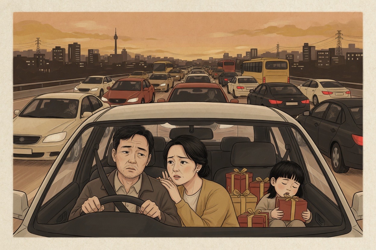 Inside a crowded car at dusk on a packed Korean highway, holiday gift boxes fill the back seat while a child sleeps against the window and the driver looks resigned