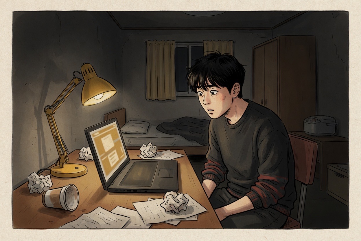 A young Korean man in his twenties alone at a desk at night, staring at a laptop with a stunned, defeated expression