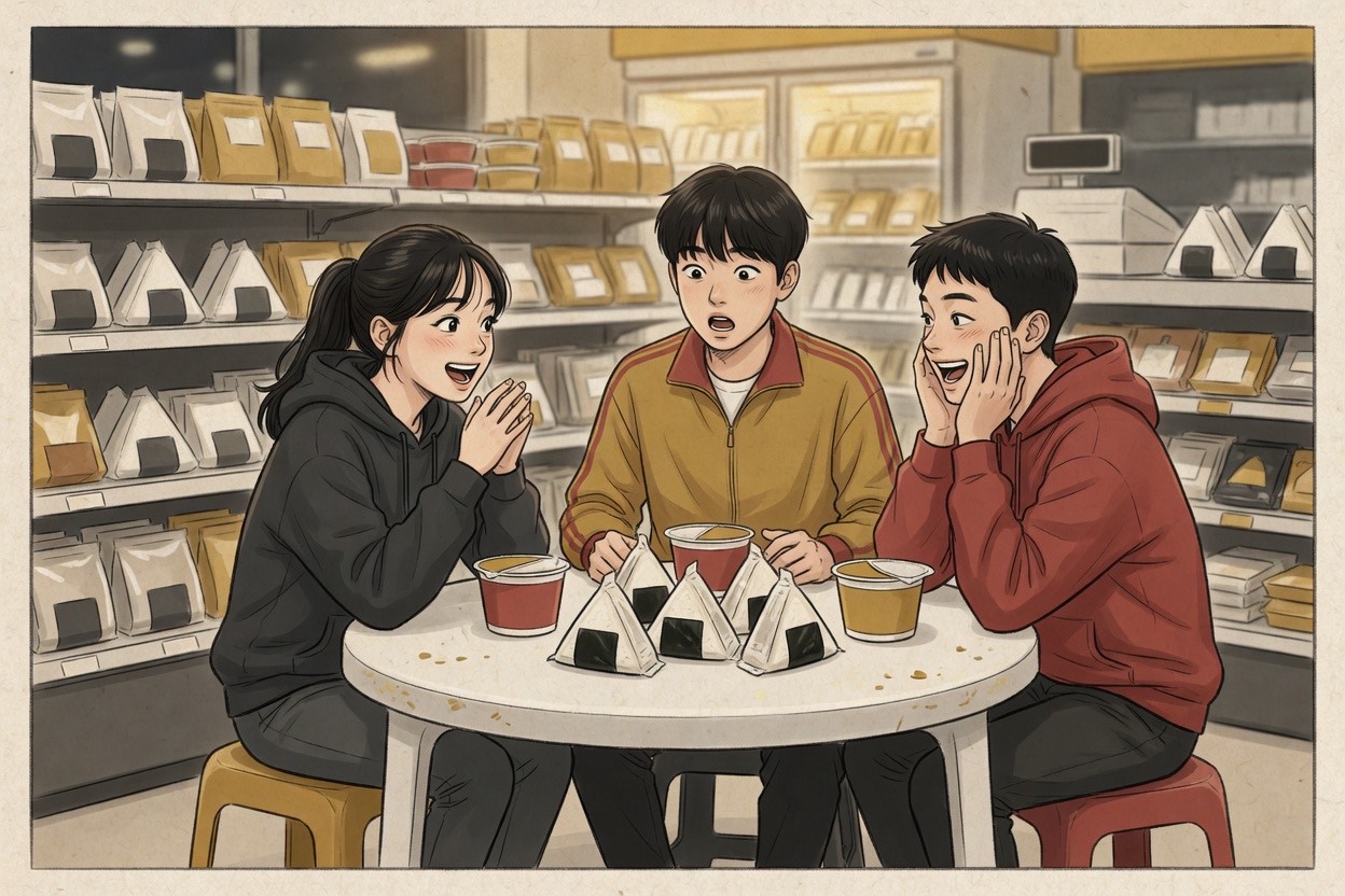 Three Korean students in their late teens at a convenience store table, reacting with shock and delight to something one just said