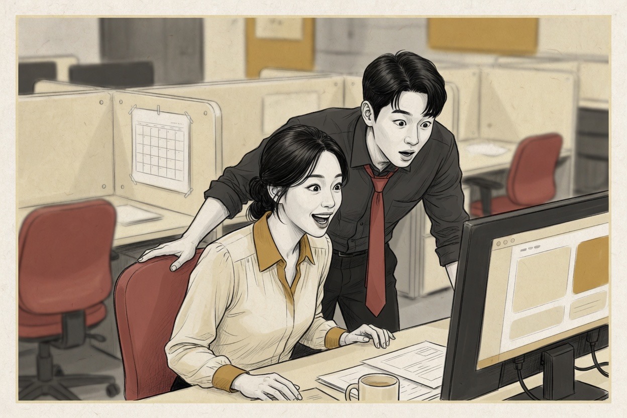 In a Korean office, a woman in her twenties reacts to a computer screen while a colleague of the same generation leans over to look