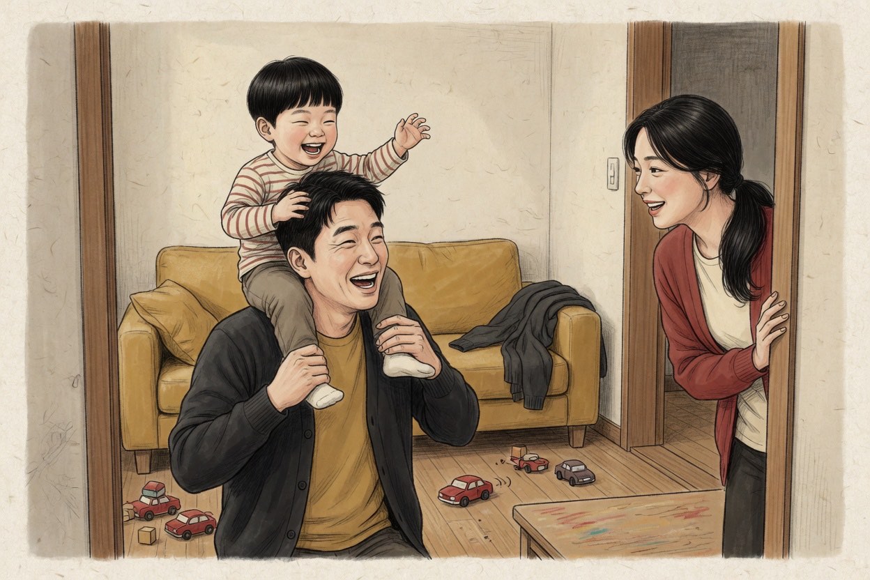 A young Korean child rides on a father’s shoulders in a small living room; both are laughing while the mother watches from a doorway