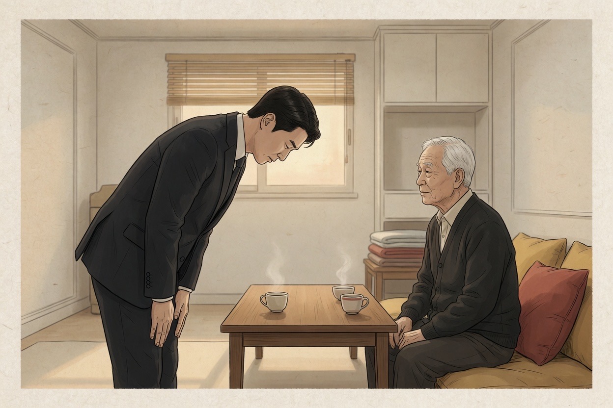 An adult Korean son in a suit bows formally to his elderly father at a family gathering; both are composed and quiet
