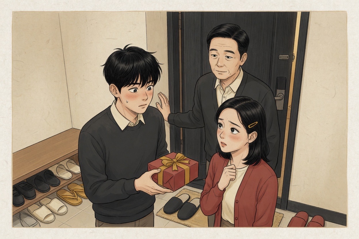 A nervous young Korean man hands a gift box to an older Korean man at a front door; the older man’s expression is polite and unreadable while a woman stands between them
