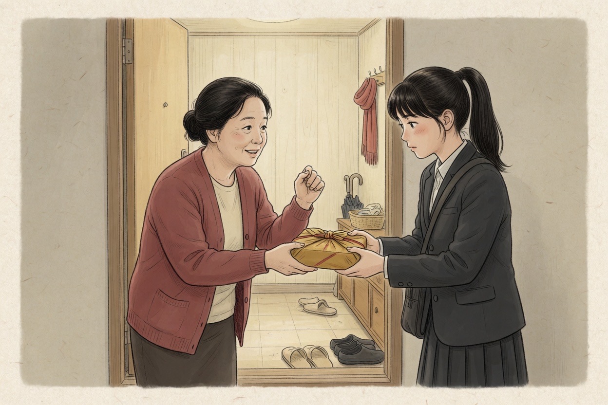 A Korean mother in her forties hands a lunchbox to her teenage daughter at a doorway and raises a fist in encouragement