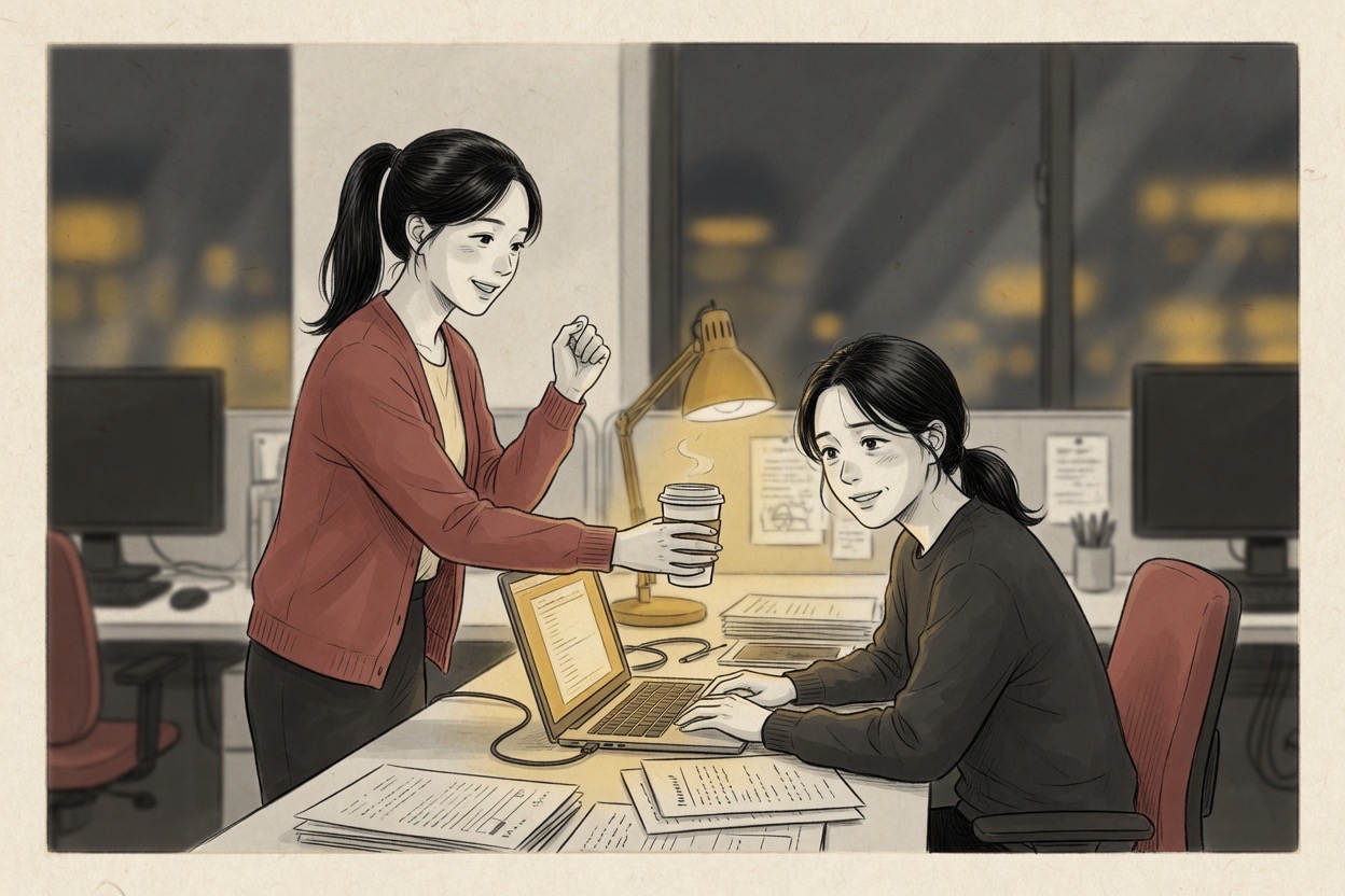 In a Korean office at night, a colleague in her thirties passes coffee to a coworker still at a desk and raises a fist in quiet encouragement