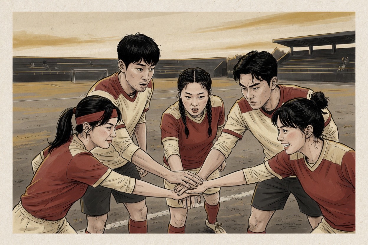 A Korean amateur sports team in their twenties huddles with hands stacked in the center before a match