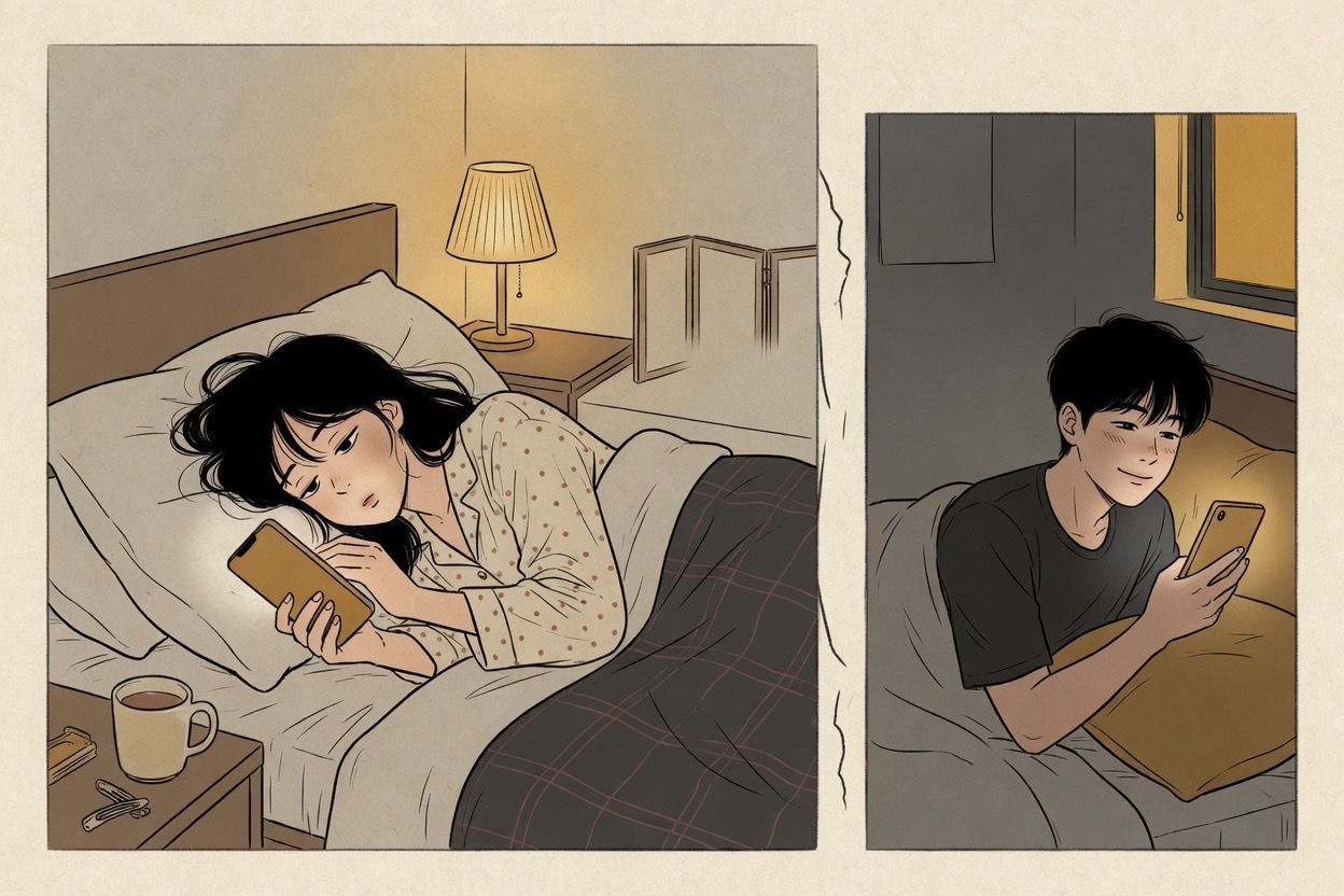 A young Korean couple in their twenties on a nighttime video call, each in bed, one already half asleep while the other smiles at the phone