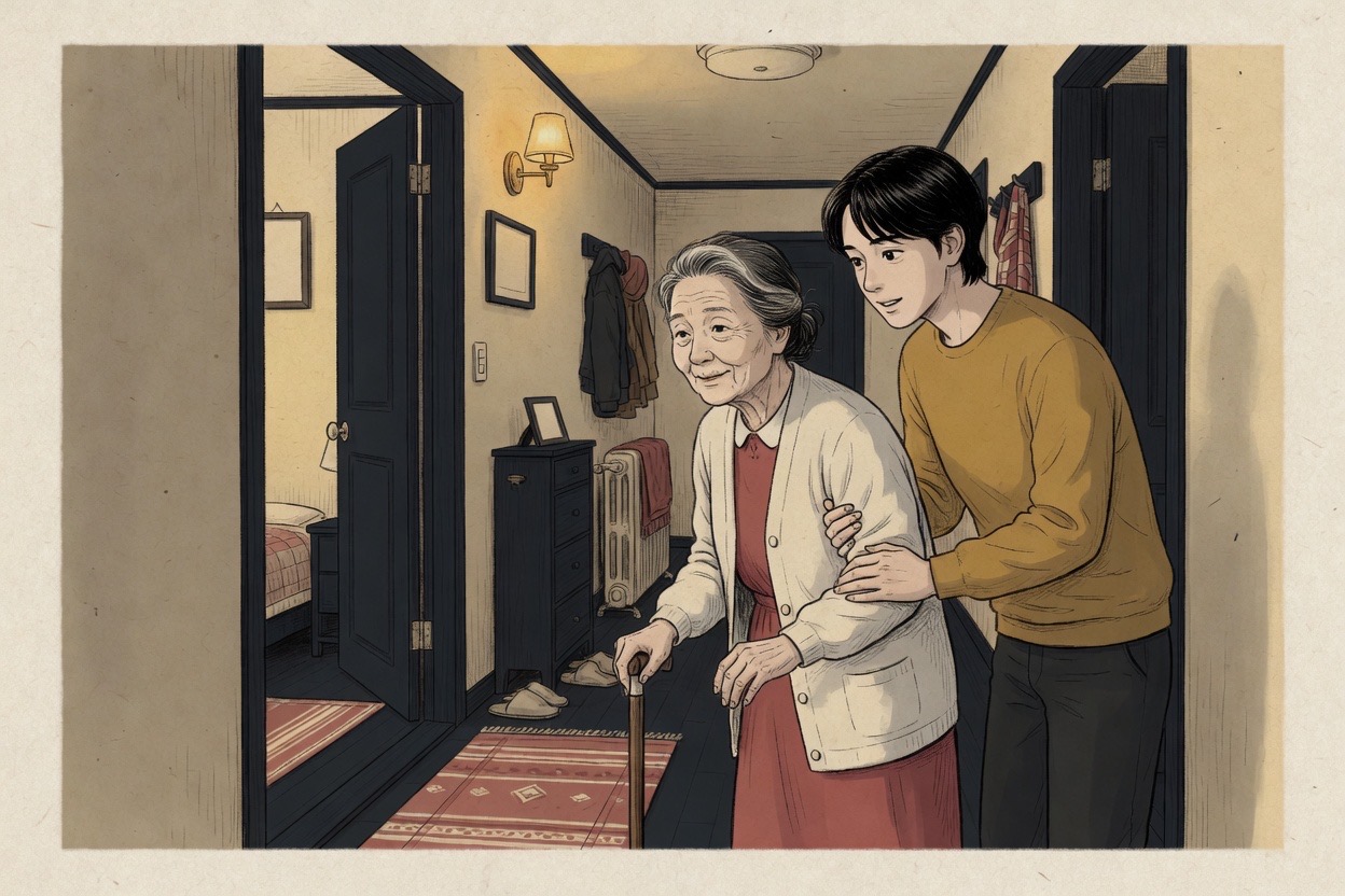 A Korean grandmother in her seventies being guided toward her bedroom by an adult grandchild in their twenties in a warm apartment hallway