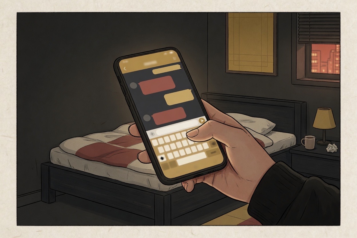 Close view of a phone screen in a dark Korean bedroom, a thumb hovering over the keyboard above soft chat-bubble shapes with no readable text