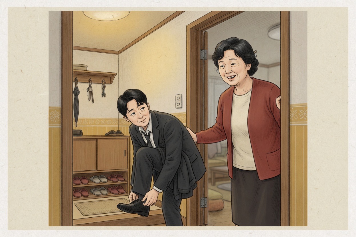 A Korean host in her fifties stands in an apartment doorway seeing off a guest in his thirties who is putting on shoes