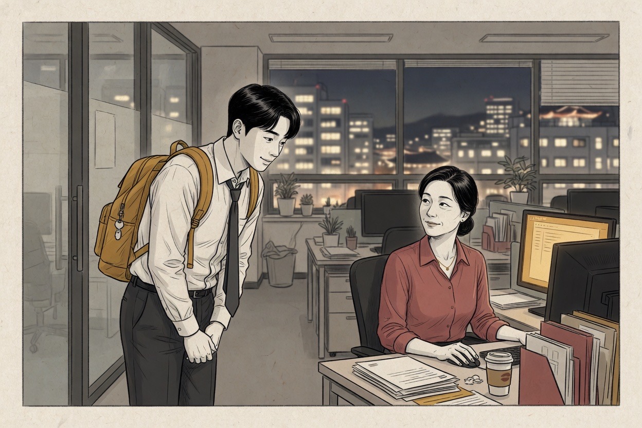 A Korean employee in his twenties bowing slightly to a senior colleague in her forties while leaving the office at night
