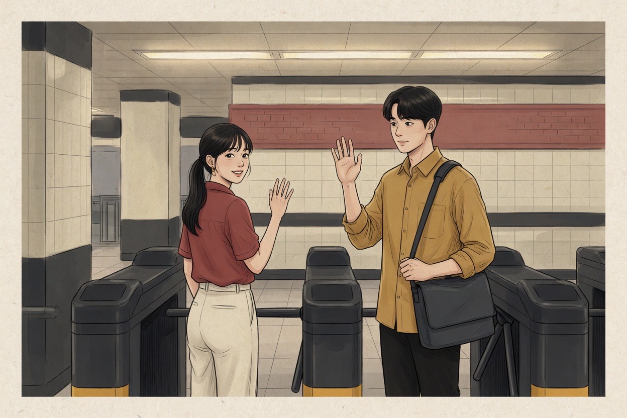A Korean couple in their twenties parting at a subway turnstile, one already through the gate looking back