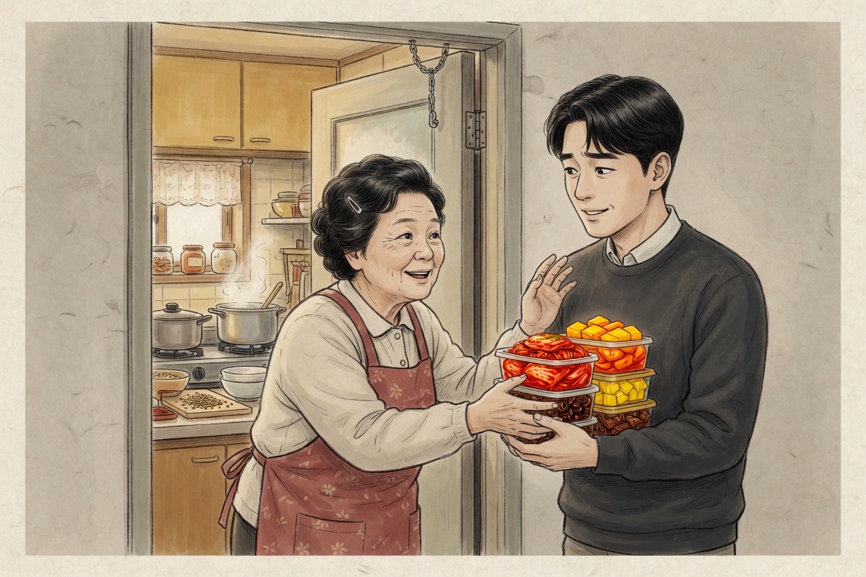 A Korean grandmother in her seventies presses containers of side dishes into her adult grandson’s hands at the doorway while he half-protests