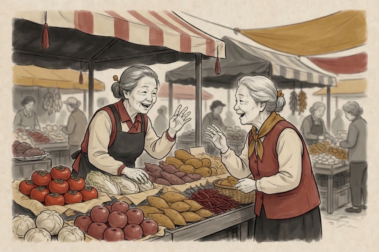 A Korean grandmother in her seventies haggles cheerfully with a vendor of similar age at a traditional market stall stacked with produce