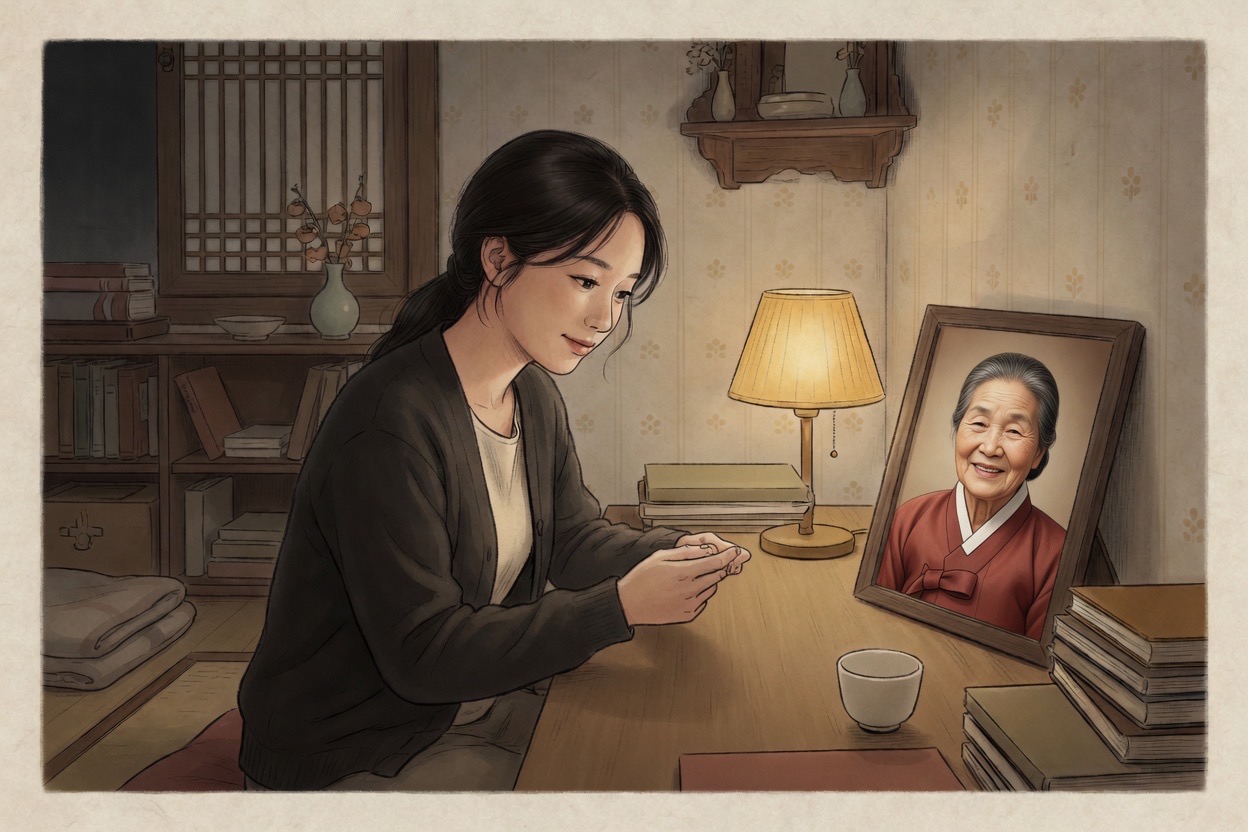 A young Korean woman in her twenties sits alone at a desk at night, looking softly at a framed photograph of an elderly Korean woman
