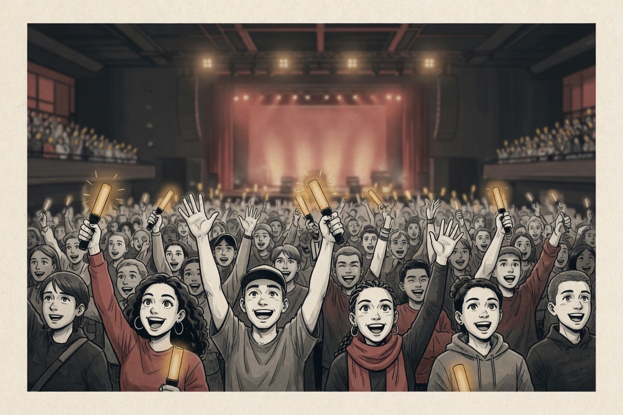 A large concert crowd of mixed nationalities holds glowing light sticks aloft while a distant stage glows in warm light