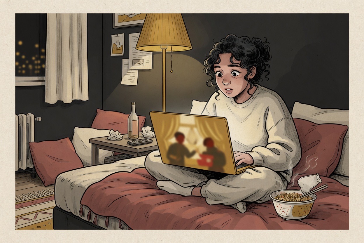 At night in a small apartment, a young woman of non-Korean appearance in her twenties watches a Korean drama on a laptop with instant noodles beside her