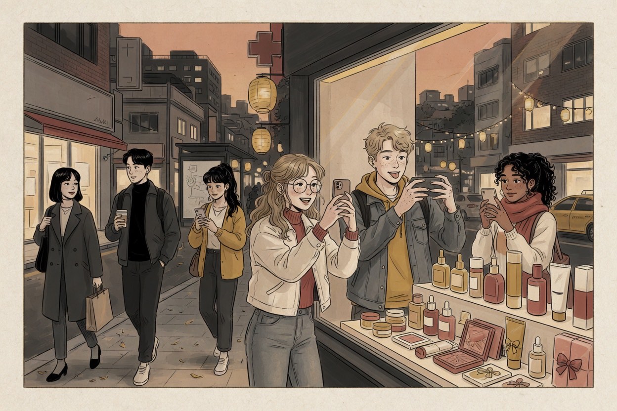 On a Seoul shopping street, foreign tourists in their twenties photograph a brightly lit cosmetics shop window while Korean pedestrians pass by