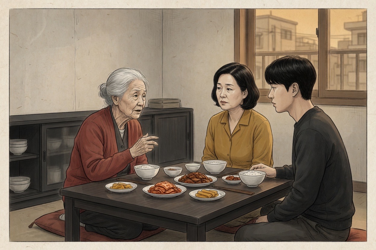 Three generations of a Korean family sit at a table; an eldest woman in her eighties talks while younger adults listen quietly