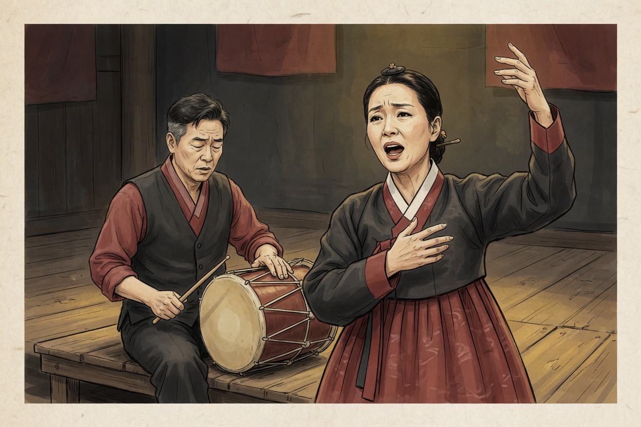 A Korean pansori singer in her fifties mid-performance with a drummer beside her, both fully absorbed in the music