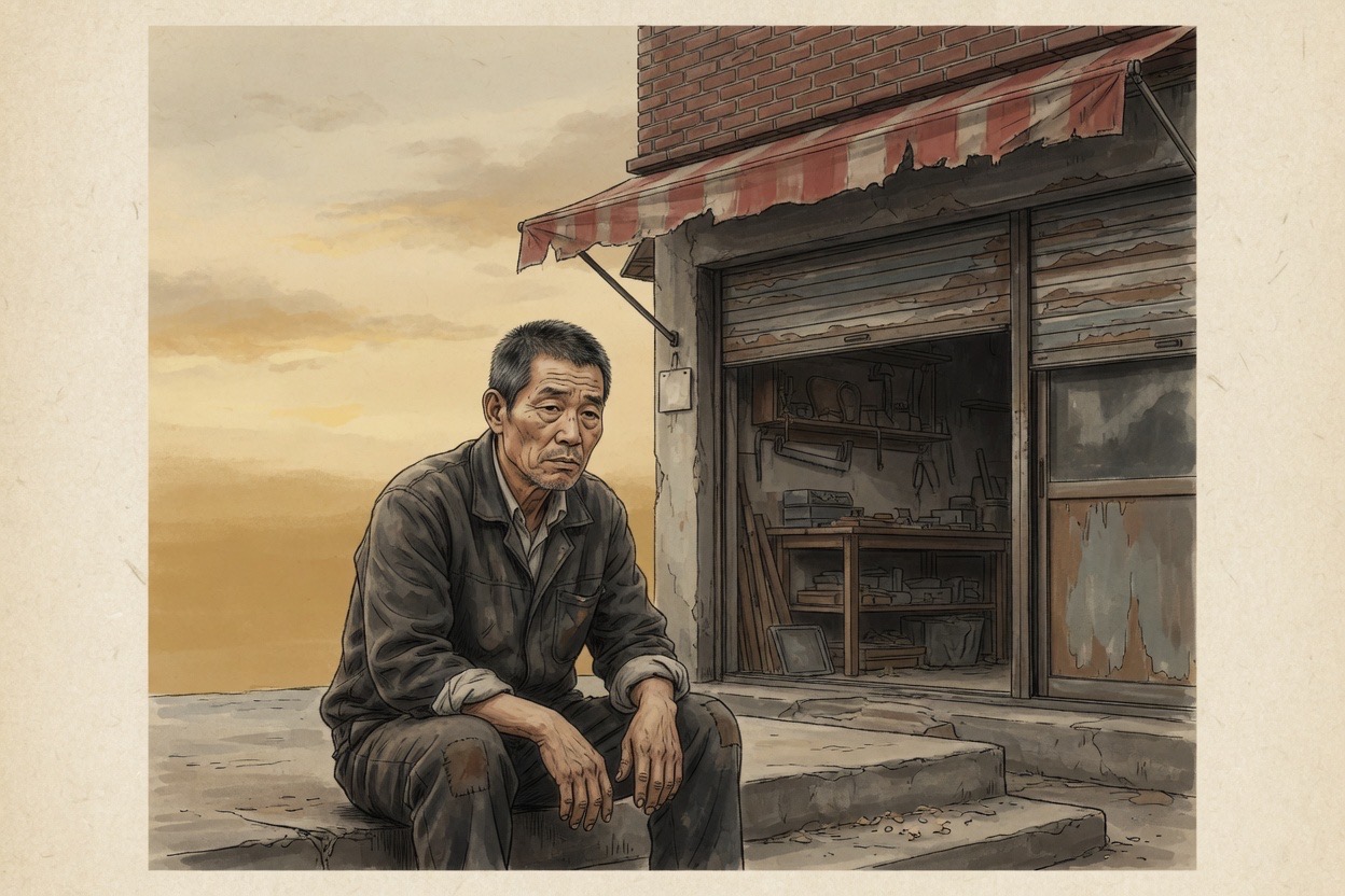 A Korean man in his sixties sits on a step outside a small workshop at dusk, hands on his knees, face tired but steady