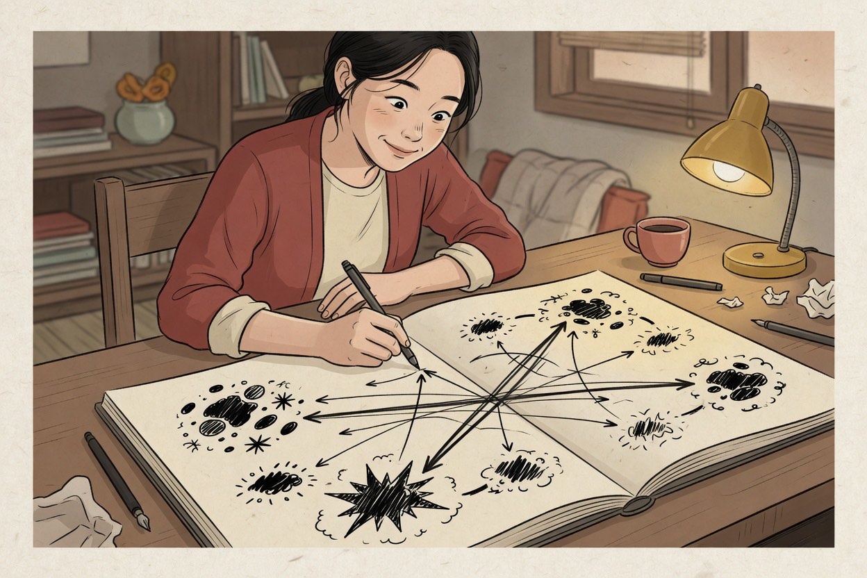 A Korean woman in her mid-twenties at a desk maps abstract word clusters in a notebook, looking satisfied as connections click into place