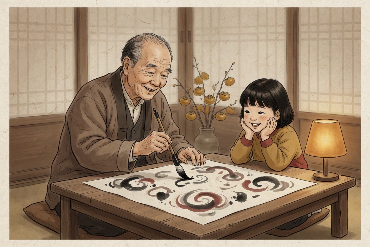 A Korean grandfather in his seventies writes with a brush at a low table while a grandchild around ten watches with genuine interest in a warm home interior