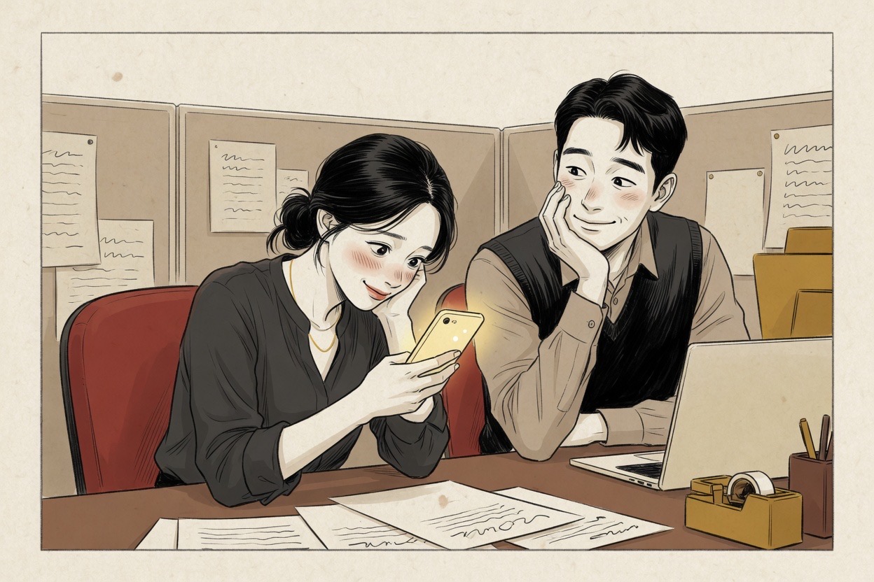 Two Korean office workers in their thirties at a desk; one sheepishly checks a phone for how to write their name in hanja while the other waits, amused
