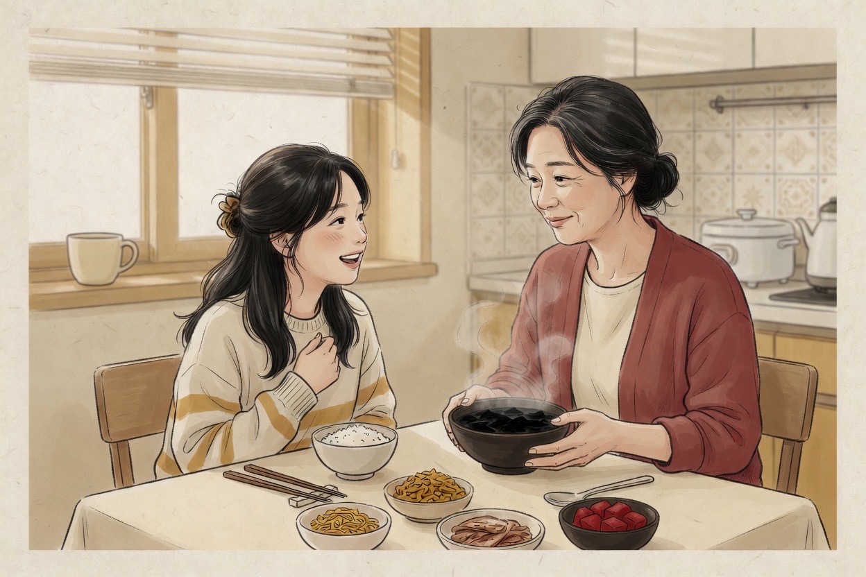 A Korean mother in her fifties sets a bowl of seaweed soup in front of her adult daughter at a warm morning breakfast table
