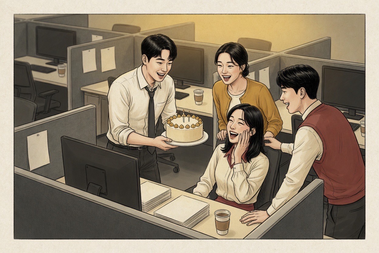 Korean office colleagues in their twenties and thirties surprise a coworker at a desk with a small cake, laughing mid-celebration